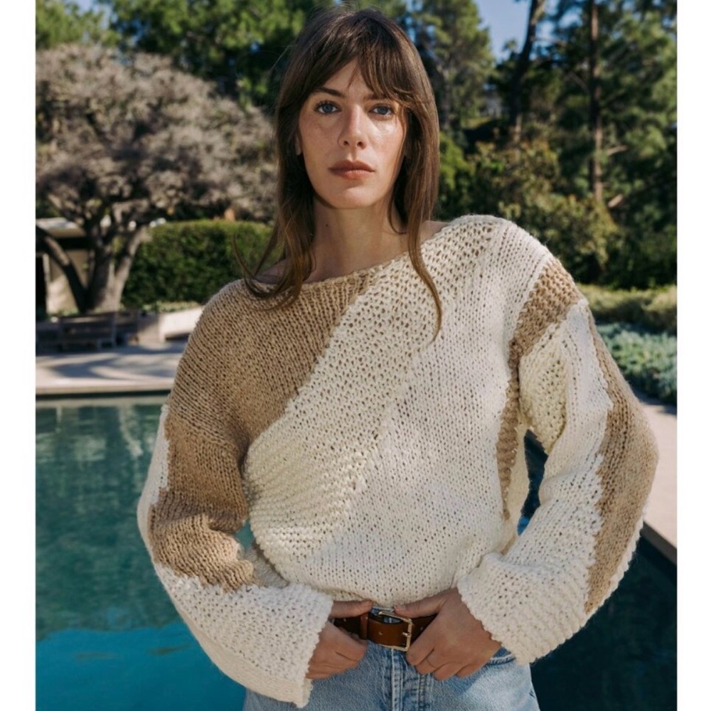 Zara open knit boxy art deco neutral sweater Large